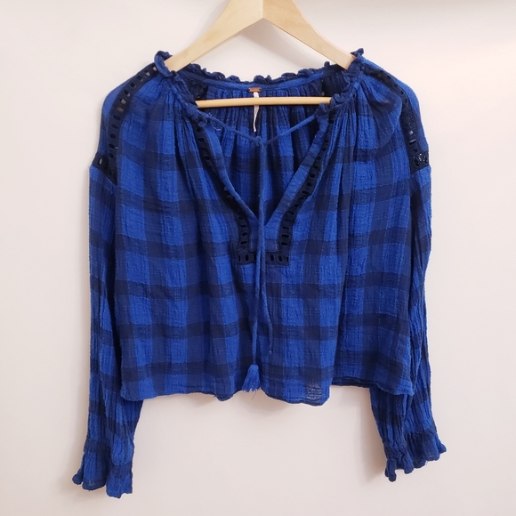 Free People Honey Grove Blue & Black Checkered Buffalo Plaid Peasant Top, Size S - Picture 2 of 9